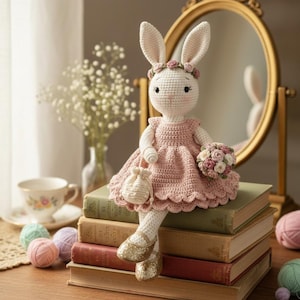 May include: A crochet bunny doll in a pink dress, flower crown, and gold glitter shoes, holding a bouquet and purse. It sits on books. The text "Bridesmaid Rabbit" is at the bottom. The doll is a charming handmade item.