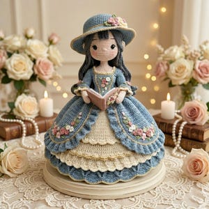 Könnte beinhalten: Handgefertigte Häkelpuppe in blauem Kleid und Hut, die ein Buch hält. Die Puppe hat detaillierte florale Stickereien und einen mehrschichtigen Rock. Sie wird auf einer runden, weißen Basis präsentiert, mit Blumen und Kerzen im Hintergrund. Ein charmantes Dekorationsstück.