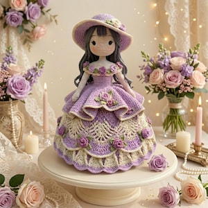 Puede incluir: Una muñeca de ganchillo hecha a mano con un vestido y sombrero lavanda, adornada con rosas. La muñeca tiene cabello gris y se exhibe en un soporte para pasteles blanco, rodeada de rosas y velas. Un encantador artículo decorativo hecho a mano.