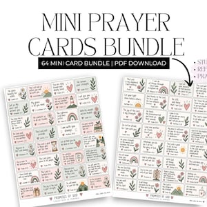 Puede incluir: Un conjunto digital de mini tarjetas de oración que incluye dos hojas de tarjetas rectangulares con ilustraciones en tonos pastel de flores, arcoíris y corazones. Cada tarjeta contiene un versículo bíblico y el texto "MINI PRAYER CARDS BUNDLE".