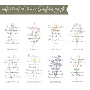 May include: A digital collection of eight rectangular cards featuring watercolor floral illustrations and black script text of Bible verses including Jeremiah 29:11, Psalm 23:1, Philippians 4:13, Proverbs 3:5, Philippians 4:6-7, Deuteronomy 31:6, and Proverbs 22:6.