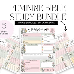 May include: A five-page Bible study bundle featuring floral-themed printable worksheets. The pages include sections for verse mapping, word study, SOAP Bible study, and daily prayer, all decorated with pastel-colored flowers and text.
