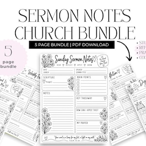 May include: A 5-page sermon notes church bundle PDF download featuring black and white floral illustrations. The pages include sections for scripture, main points, notes, key takeaways, and prayer, with text such as Sunday Sermon Notes.