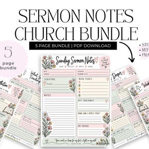May include: A digital sermon notes church bundle featuring five printable pages with floral illustrations, pastel colour blocks, and lined sections for scripture, main points, and prayer. The text includes "SERMON NOTES CHURCH BUNDLE" and "5 PAGE BUNDLE | PDF DOWNLOAD".