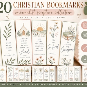 May include: A collection of 20 Christian bookmarks featuring floral illustrations and scripture verses. The set includes 5 printable pages, each 8.5 by 11 inches, available as an instant digital download for personal use.