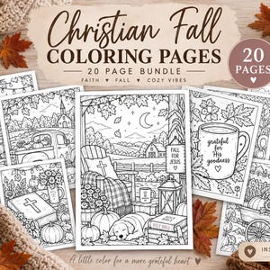 May include: A bundle of 20 Christian autumn colouring pages featuring black and white line art illustrations of pumpkins, churches, cosy outdoor scenes, and faith-based text. The collection includes various seasonal designs for creative colouring.