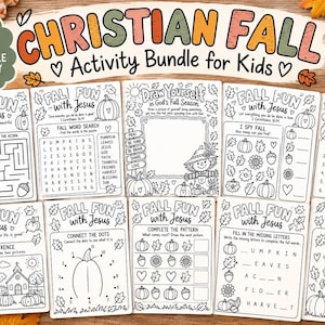May include: A set of 10 printable activity pages titled Christian Fall Activity Bundle for Kids. The black and white sheets feature fall-themed illustrations including pumpkins, leaves, acorns, and a scarecrow, with word searches, mazes, and puzzles.