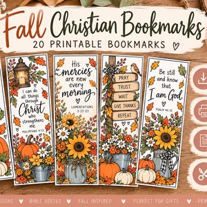 May include: Five rectangular paper bookmarks featuring fall-themed illustrations of pumpkins, sunflowers, and autumn leaves. Each bookmark displays Christian scripture text, including verses like Psalm 107:1 and Philippians 4:13, with a 2.5 inch by 7.5 inch size.