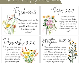 Può includere: Un set di 24 carte di preghiera con illustrazioni floreali ad acquerello e versetti biblici tra cui Salmo 55:22, 1 Pietro 5:6-7, Proverbi 3:5-6 e Matteo 11:28-30. Il testo riporta instant download-prayer cards e messyfaithco.