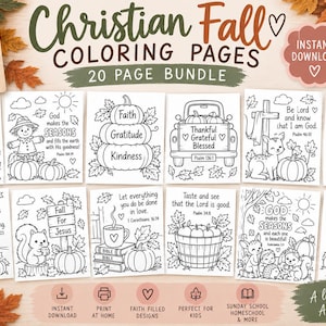 May include: A collection of 20 Christian autumn-themed colouring pages featuring black and white line art illustrations of pumpkins, sunflowers, woodland animals, and religious text. The pages include various seasonal motifs and inspirational scripture verses.