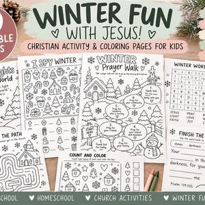 May include: A set of 20 printable Christian activity and colouring pages for kids titled Winter Fun With Jesus. The pages feature black and white line art including a snowman, a winter prayer walk, a word search, a maze, and verse completion.