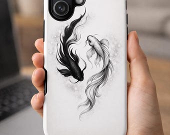 Funda para teléfono con diseño de pez koi Yin Yang - Arte minimalista de peces japoneses en blanco y negro - Funda estética para iPhone - Diseño de equilibrio simbólico - Idea de regalo