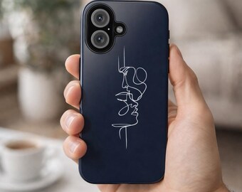 Funda para iPhone con cara de arte lineal minimalista, funda con arte abstracto de pareja, funda estética azul marino para iPhone, regalo para parejas
