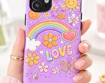 Bonita funda morada para iPhone - Funda con diseño de arcoíris y flores kawaii - Regalo para ella - Funda protectora para niña