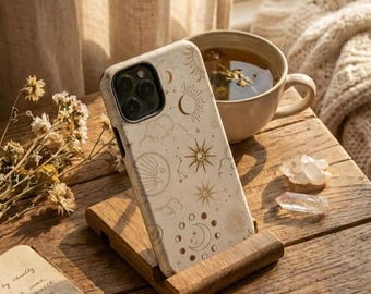 Celestial iPhone Case | Moon Phases Sun & Stars Design, Boho Aesthetic Phone Case, Spiritual Witchy Nature Inspired Cover