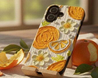 Funda para iPhone con diseño floral cítrico/estética de limón y naranja, diseño botánico de verano, cubierta brillante pintada a mano.