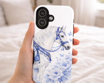 Capa para celular com estampa de cavalo azul e branco, estilo floral vintage, estética equestre, estilo cottagecore, presente para amantes de cavalos.