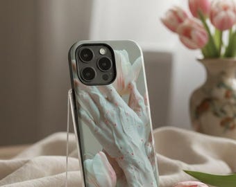 Surreal Tulip Hand iPhone Case | Artistic Floral Phone Case, Sculptural Pastel Aesthetic, Glossy Art Cover