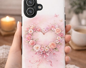 Funda para teléfono con corazón floral, romántica funda para iPhone con flores rosas, bonita y estética, regalo para ella, acogedor diseño cottagecore.