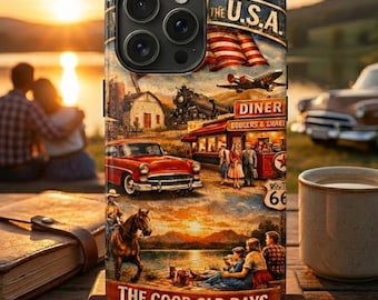 Capa para iPhone com estilo vintage americano | Design retrô da Rota 66 dos EUA, capa para celular com estampa nostálgica de lanchonete americana e carro clássico, acabamento brilhante.
