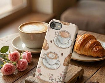 Funda para iPhone con estética de café / Funda vintage de cafetería con tazas y croissant, funda floral estilo cottagecore, cubierta brillante