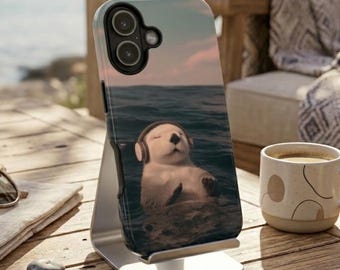 Capa fofa para iPhone com lontra - Capa estética com tema oceânico, capa relaxante com animal, lontra marinha divertida com fones de ouvido, presente para ela