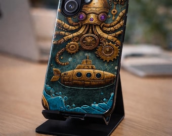 Capa para celular Steampunk com Polvo, Capa para iPhone com Arte Mecânica Vintage, Design Náutico com Engrenagens de Latão, Presente Exclusivo para Ele, Capas Estéticas para Celular