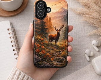 Capa para celular com estampa de veado majestoso, paisagem de outono com montanhas e floresta, capa estética para celular com tema de vida selvagem, presente para amantes da natureza.