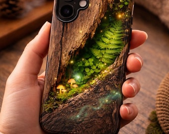 Capa para celular com tema de floresta, capa mágica para iPhone com tema de bosque, capa para celular com tema de natureza fantástica, capa para celular com cogumelos brilhantes na floresta, capa estética de madeira para celular.
