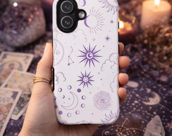 Purple Celestial iPhone Case | Moon Sun Stars Astrology Design, Witchy Aesthetic Phone Case, Tarot Inspired Spiritual Cover