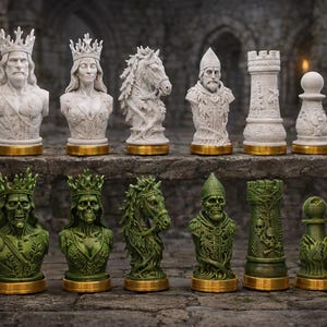 May include: A set of twelve chess pieces featuring two distinct teams. The white set includes a king, queen, knight, bishop, rook, and pawn. The green set features skeletal versions of the same pieces. Each piece sits on a circular gold base.