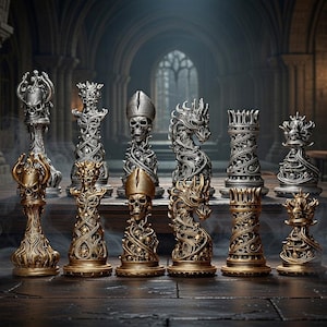 May include: A complete chess set with intricately designed pieces. The pieces feature skull and dragon motifs in gold and silver tones. The set is displayed on a dark wooden surface, with a blurred background of a gothic-style interior.