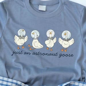 May include: A pale blue t-shirt with a cartoon design of four white geese in astronaut helmets. The phrase "just an astronaut goose" is written in cursive script below the geese.