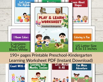190+ Printable Preschool-Kindergarten Learning Worksheet PDF | US Letter Paper | 8.5x11" | Digital Download