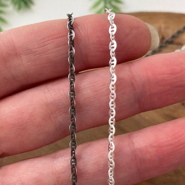 Sterling Silver Flat Anchor Chain: Oxidized or Light Silver, Custom Length