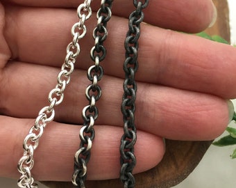 Heavy Solid Silver 4.3mm Cable Chain - Silver, Rustic Antiqued or Dark Finish for Men & Women