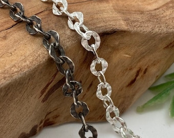 Distressed Hammered Flat Oval Cable Chain 5.4mm Wide // Silver or Dark Oxidized Antique Finish, Custom Length, Necklace, Bracelet or Anklet