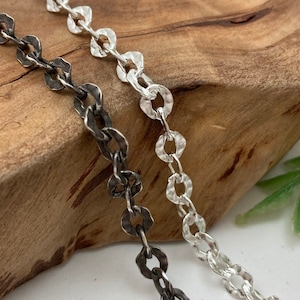 Distressed Hammered Flat Oval Cable Chain 5.4mm Wide // Silver or Dark Oxidized Antique Finish, Custom Length, Necklace, Bracelet or Anklet