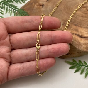 May include: A gold chain necklace with a lobster clasp closure. The chain is made of small, rectangular links.