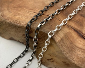 Oval Rolo Solid Sterling Chain 3.2mm Wide / Silver or Oxidized Patina Finish // 925 Silver Bracelet, Anklet or Necklace Custom Length