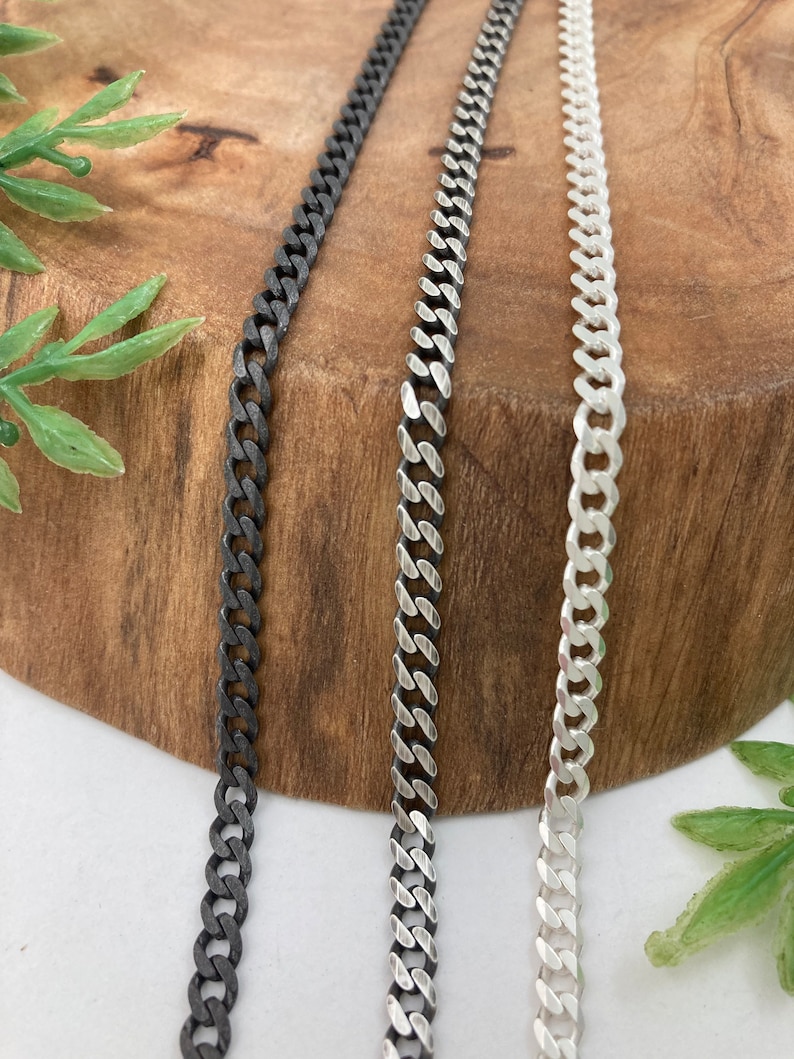 Beveled Curb Chain in Solid Sterling Silver Silver, Antique or Dark Oxidized Finish Bracelet or Necklace Custom Lengths image 1