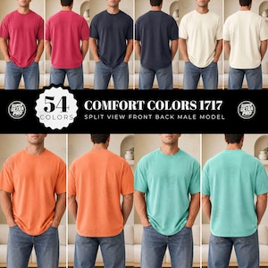 May include: A collection of Comfort Colors 1717 t-shirts in various solid colors, shown from both front and back views on a model. The shirts feature short sleeves and a crew neckline, paired with blue jeans. Text reads 54 COLORS COMFORT COLORS 1717.