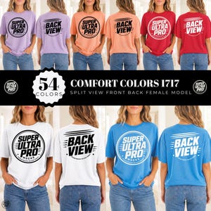 May include: A collection of short-sleeve t-shirts in various colors including lavender, peach, red, white, and blue. Each shirt features a circular graphic on the front with the text SUPER ULTRA PRO and a back graphic with the text BACK VIEW.