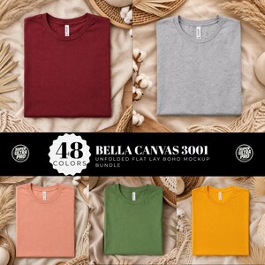 Paquete de 48 maquetas de camisetas estilo boho de Bella Canvas / Paquete de maquetas de camisetas BC 3001 dobladas y dispuestas en plano estilo boho