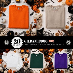 May include: A collection of five Gildan 18000 crewneck sweatshirts in orange, beige, white, dark green, and purple, displayed in a flatlay mockup bundle featuring Halloween-themed decorations like skulls, pumpkins, and spider webs.