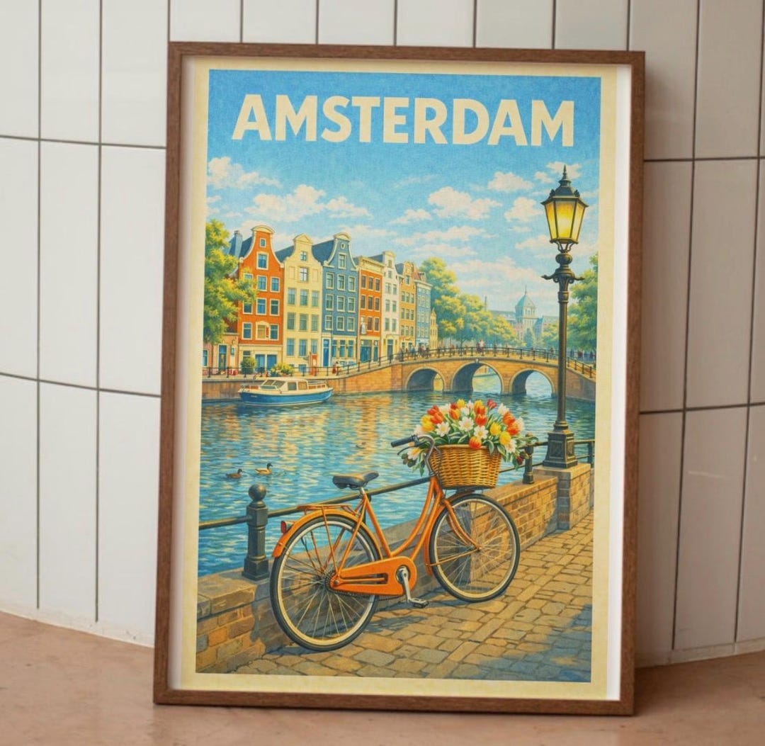 Amsterdam Travel Poster: Retro Canal & Bicycle Art Print - Etsy