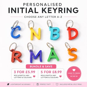 May include: A collection of colourful letter-shaped keychains, each attached to a metal split ring. The letters C, N, B, D, R, M, A, and S are displayed in various solid colours and one red glitter finish. Text reads: PERSONALISED INITIAL KEYRING.