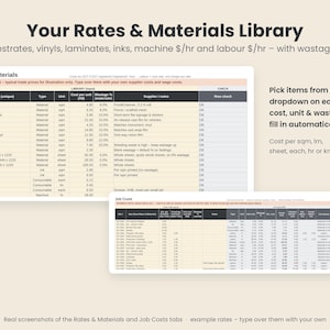 Pode incluir: Uma interface de planilha digital intitulada Your Rates & Materials Library exibindo colunas para nomes de itens, tipos, unidades, custos, porcentagens de desperd&iacute;cio e fornecedores. Uma tabela secund&aacute;ria chamada Job Costs mostra dados financeiros.