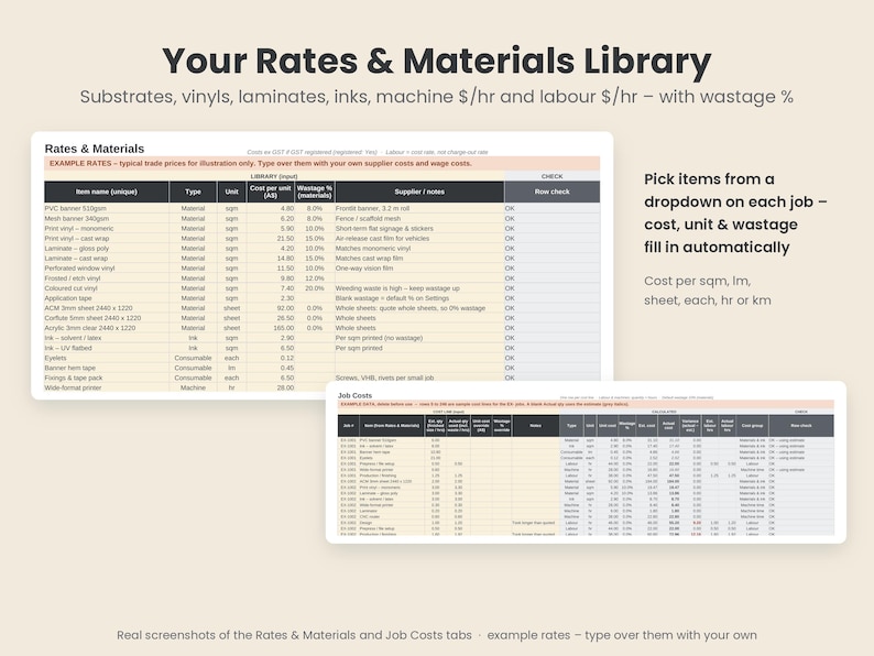 Pode incluir: Uma interface de planilha digital intitulada Your Rates & Materials Library exibindo colunas para nomes de itens, tipos, unidades, custos, porcentagens de desperd&iacute;cio e fornecedores. Uma tabela secund&aacute;ria chamada Job Costs mostra dados financeiros.