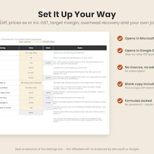 Pode incluir: Uma interface de configura&ccedil;&otilde;es de planilha intitulada Set It Up Your Way, apresentando uma tabela com colunas para configura&ccedil;&atilde;o, valor, uso e notas. A lista inclui nome da empresa, moeda, impostos, margem de lucro e custos operacionais.